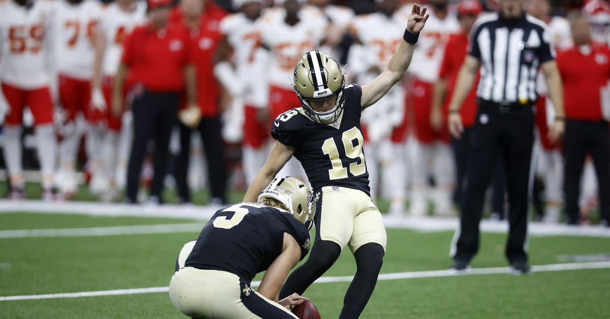 New Orleans Saints K Blake Grupe (19) kicks the game-winning field goal against the Kansas City Chiefs during preseason. Credit: New Orleans Saints 
